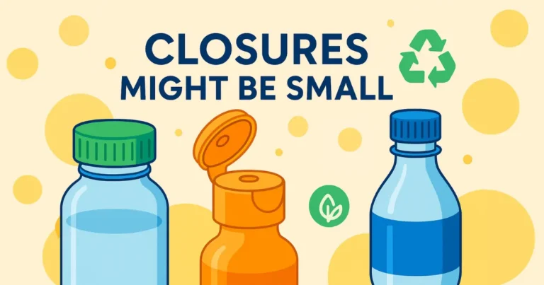 Vector illustration of three packaging closures—a green screw cap, an orange flip-top cap and a blue sports cap—surrounded by recycling and smart-packaging icons