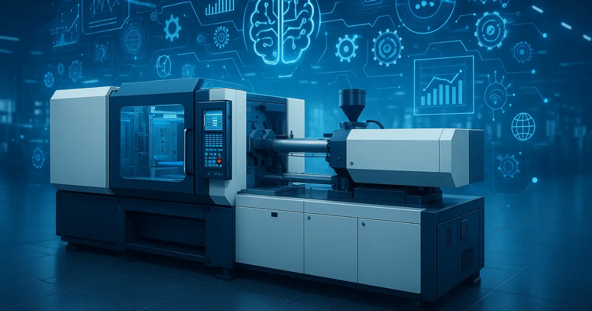 Injection molding machine in a sleek smart factory, overlaid with floating holographic AI and data icons.
