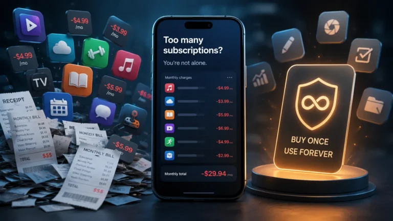 Smartphone showing too many monthly subscriptions, with app icons, receipts, and a buy-once lifetime unlock option