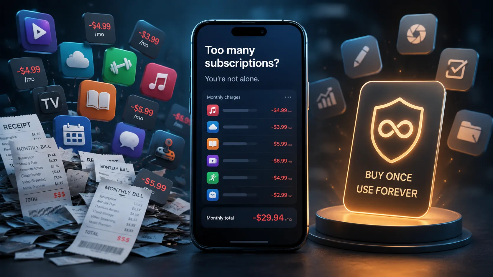 Smartphone showing too many monthly subscriptions, with app icons, receipts, and a buy-once lifetime unlock option