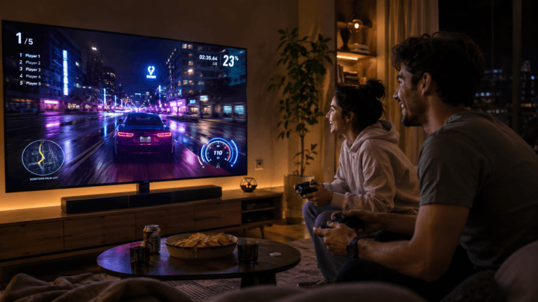 A modern living room at night with a large smart TV displaying a colorful racing game. Two people sitting on a couch holding wireless controllers, laughing and competing. Warm ambient lighting, neon game UI on the screen, relaxed and fun atmosphere. Photorealistic, cinematic wide shot