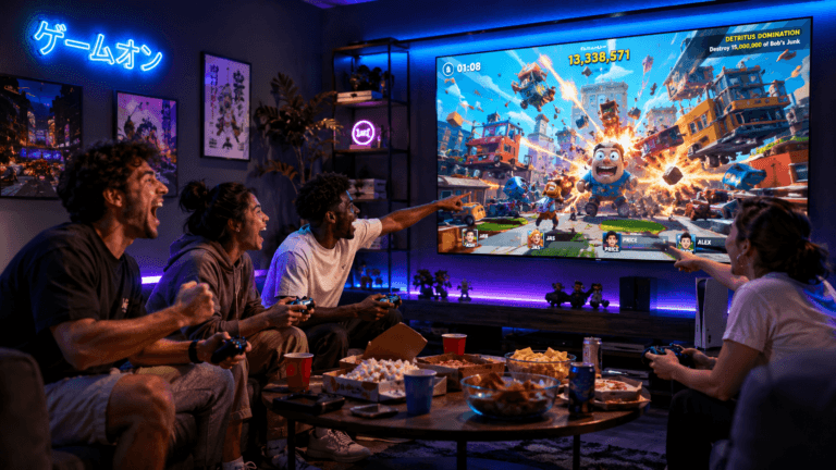 A cinematic, vibrant gaming scene set in 2026. A group of friends laughing and reacting wildly while playing a chaotic co-op game on a large screen in a modern gaming room. Neon lighting in blue and purple tones, multiple controllers, snacks on the table. The screen shows colorful cartoon-style gameplay mid-disaster. Photorealistic style, wide angle shot, energetic and fun atmosphere.