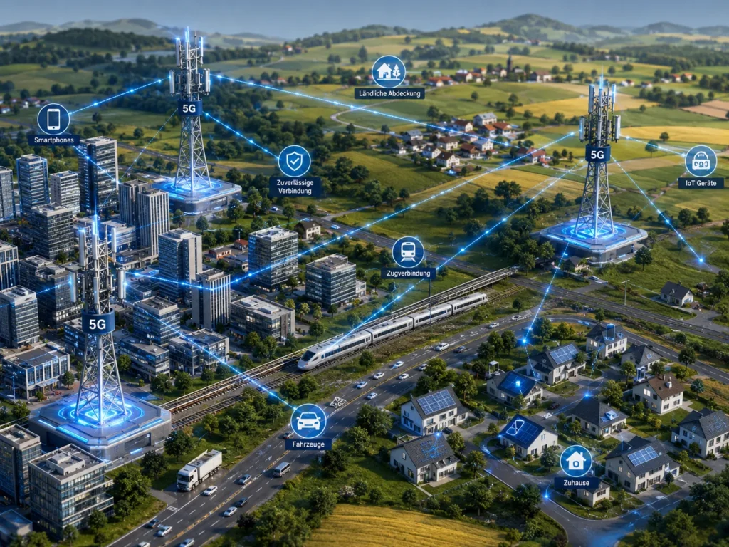 5G Ausbau Deutschland mit Mobilfunkmasten in Stadt und Land