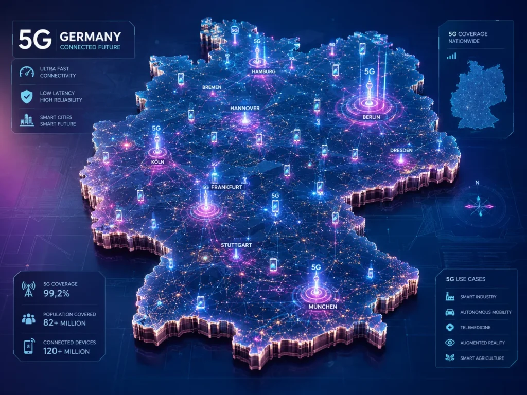 5G Deutschland Netzabdeckung als digitale Karte mit Smartphone-Signalen