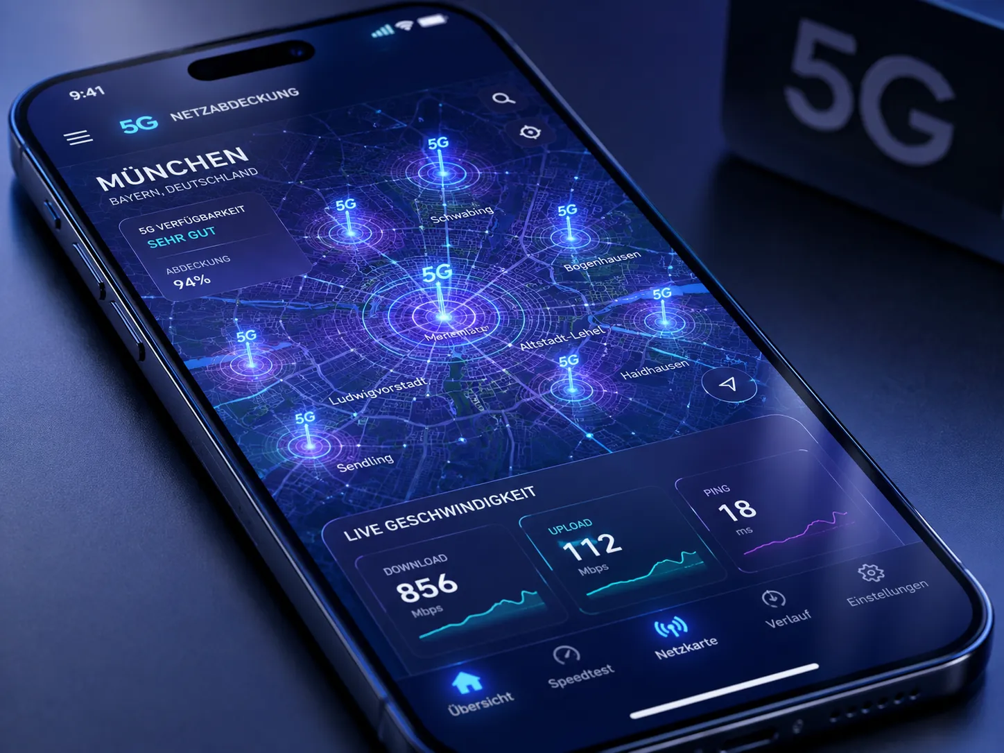 5G Deutschland Netzabdeckung als digitale Karte mit Smartphone-Signalen