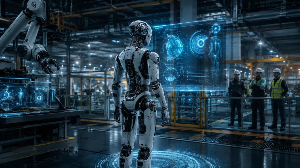 Physical AI concept showing AI brain connected to robot body