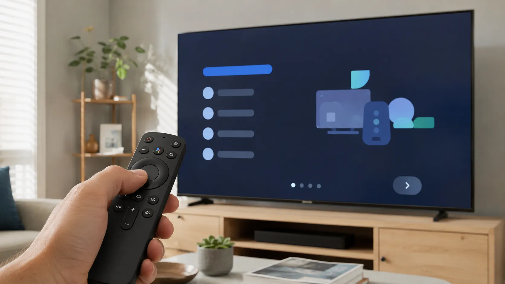 Person setting up Android TV with a smart TV remote Title: Android TV Setup Process