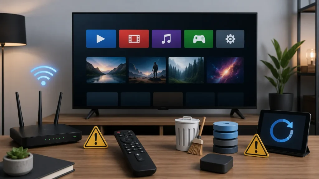 Android TV troubleshooting tools including remote Wi-Fi router and app icons