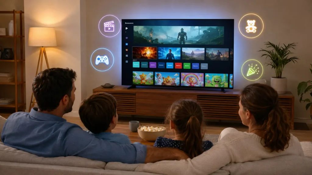 Family using Android TV for movies games and kids content