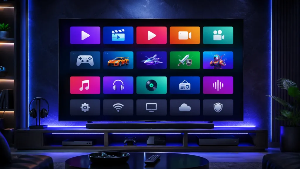 Android TV apps displayed on a smart TV screen