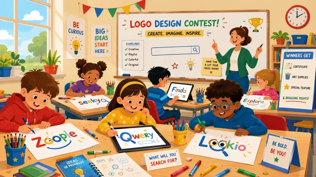 Students creating doodle artwork for a Google-inspired contest