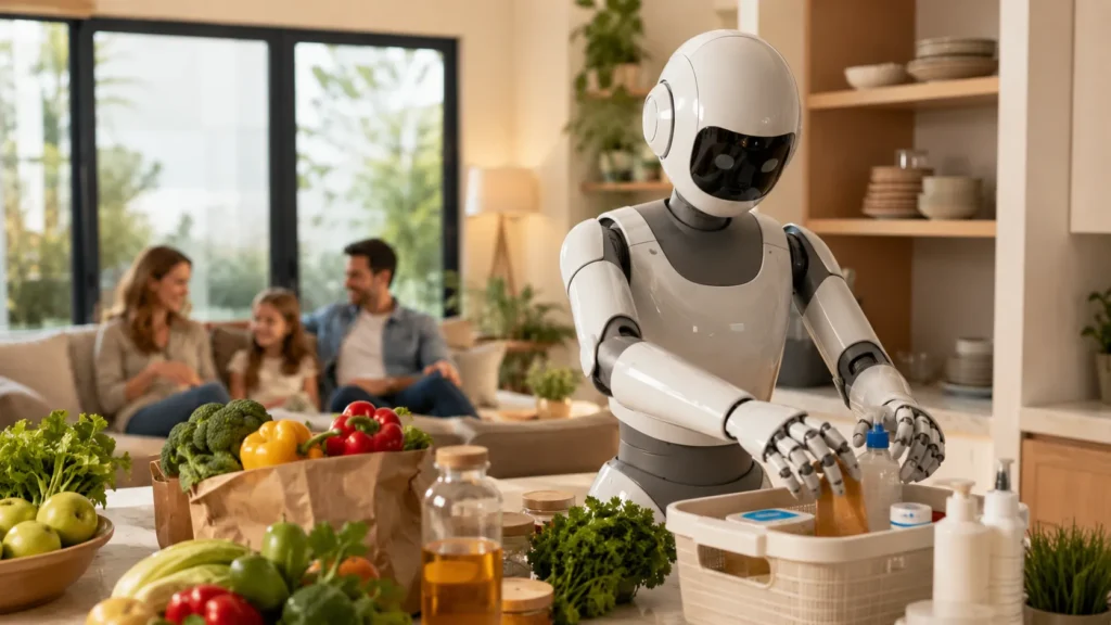 Humanoid robot assistant helping in a modern home