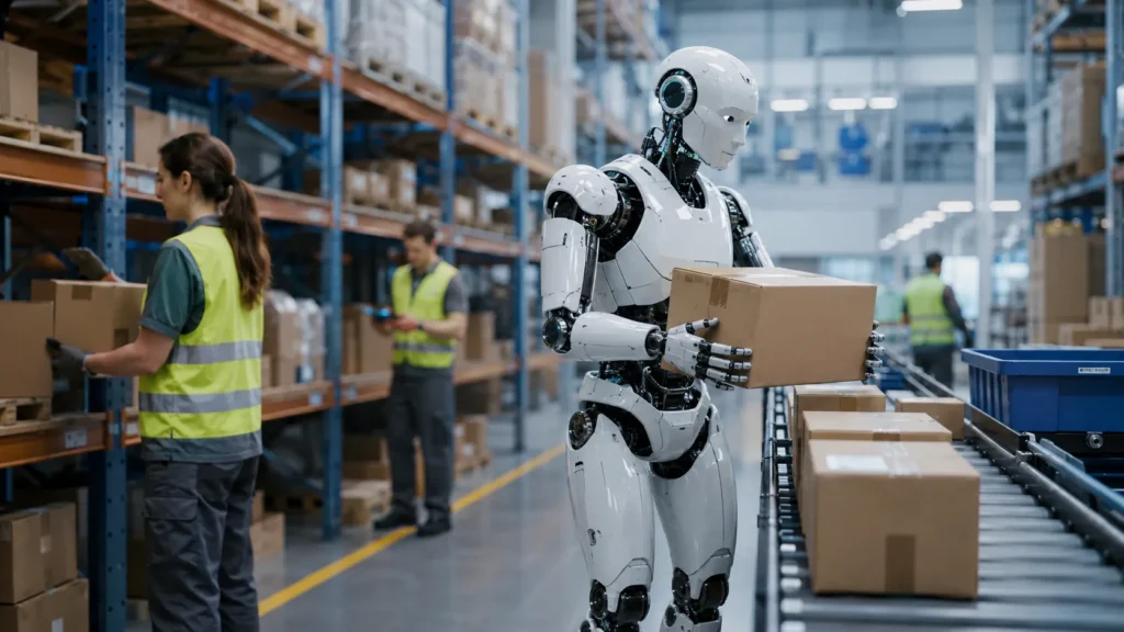 Humanoid robot sorting packages in a warehouse with human workers