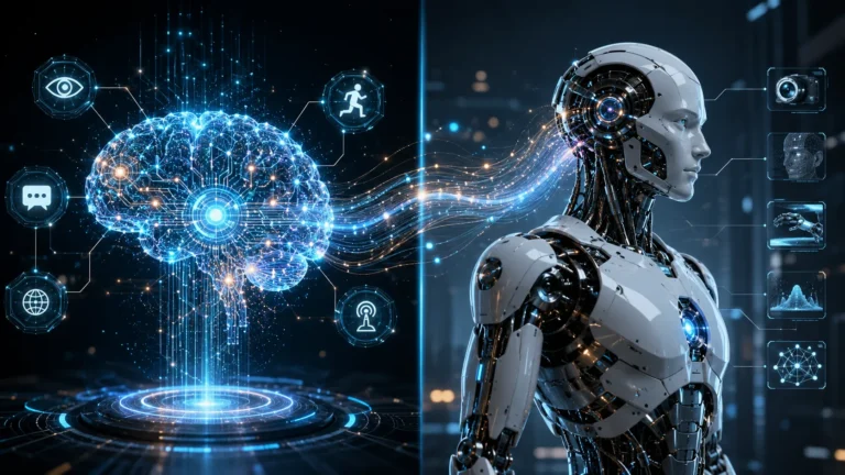 Humanoid robot powered by Physical AI standing in a smart factory