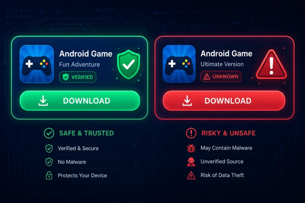 Verified and fake APK download buttons compared for safer Android gaming
