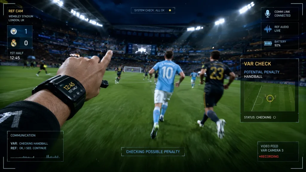 Referee camera World Cup view with headset camera and VAR communication