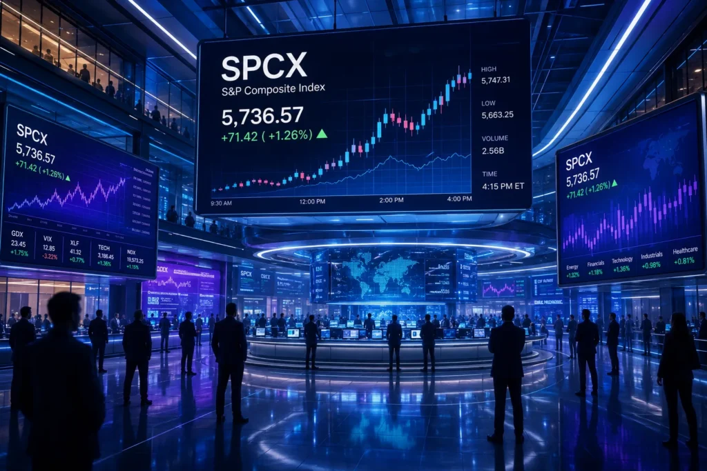 SPCX stock price on futuristic trading floor screens