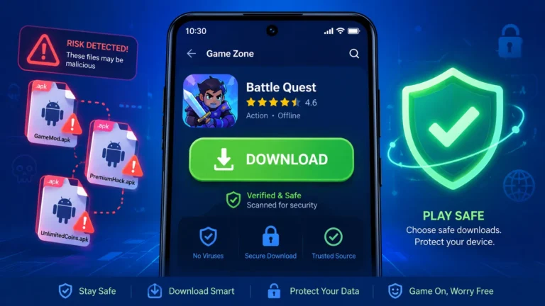 Safe game downloads guide showing APK safety warning icons on Android