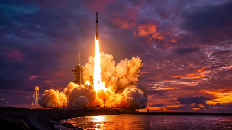 A massive rocket launching at dusk from a coastal pad, with a dramatic orange and purple sky. The rocket is partially through its ascent, engines blazing. Photorealistic digital art, cinematic composition, wide angle shot from ground level looking up.