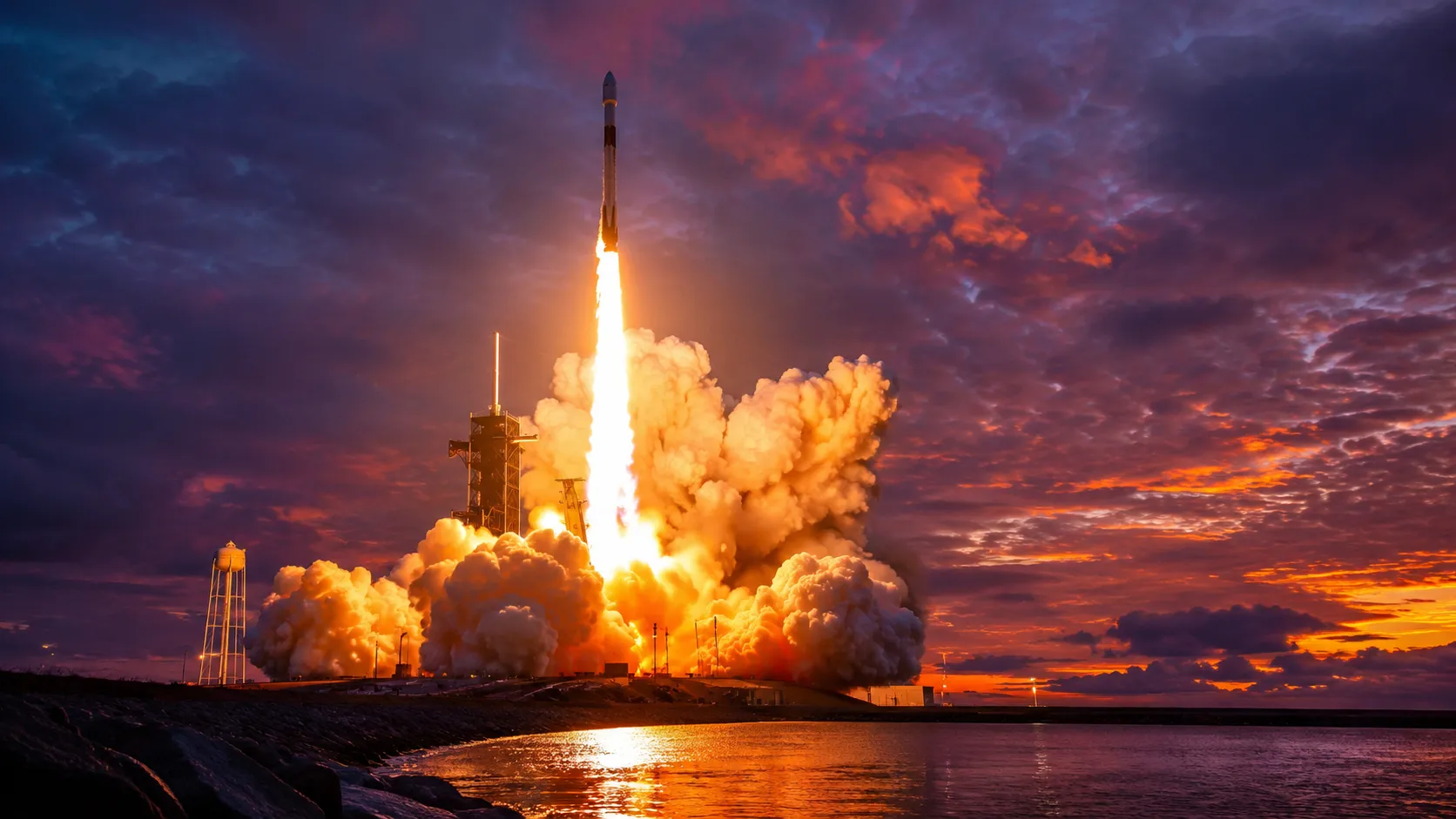 A massive rocket launching at dusk from a coastal pad, with a dramatic orange and purple sky. The rocket is partially through its ascent, engines blazing. Photorealistic digital art, cinematic composition, wide angle shot from ground level looking up.