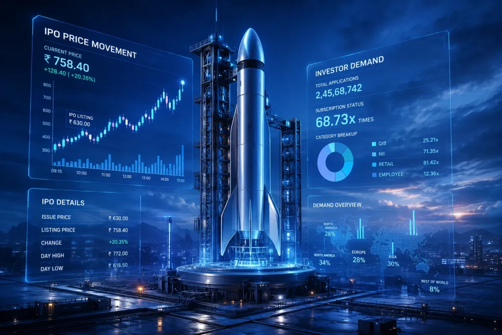 SpaceX IPO rocket launchpad with holographic stock chart