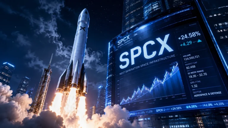 SpaceX stock SPCX Nasdaq debut with rocket and market chart