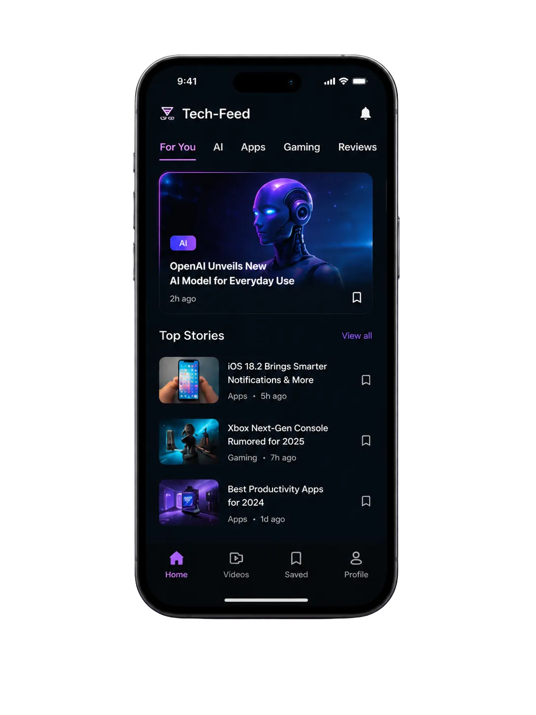 Tech-Feed app showing tech news and AI trends