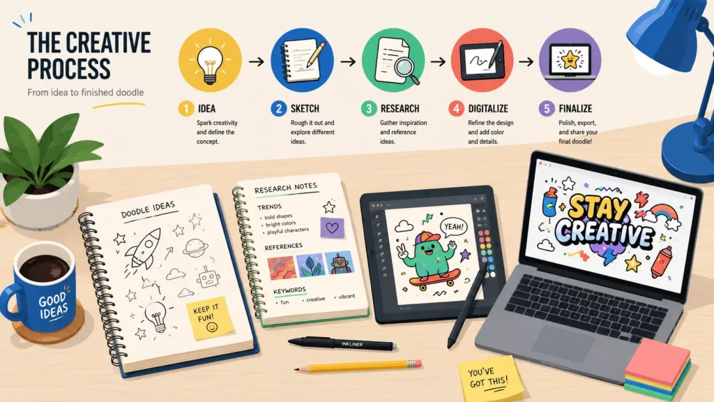 Shareable doodle artwork on a laptop with social reactions