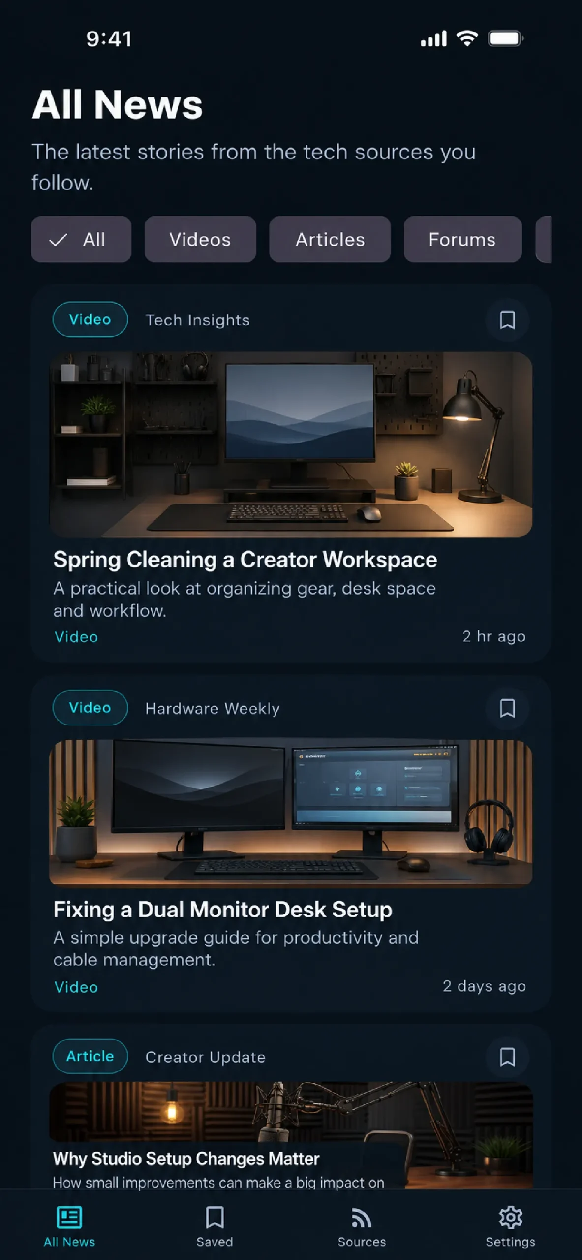 Tech-Feed All News screen with topic filters, article cards, video cards and saved controls