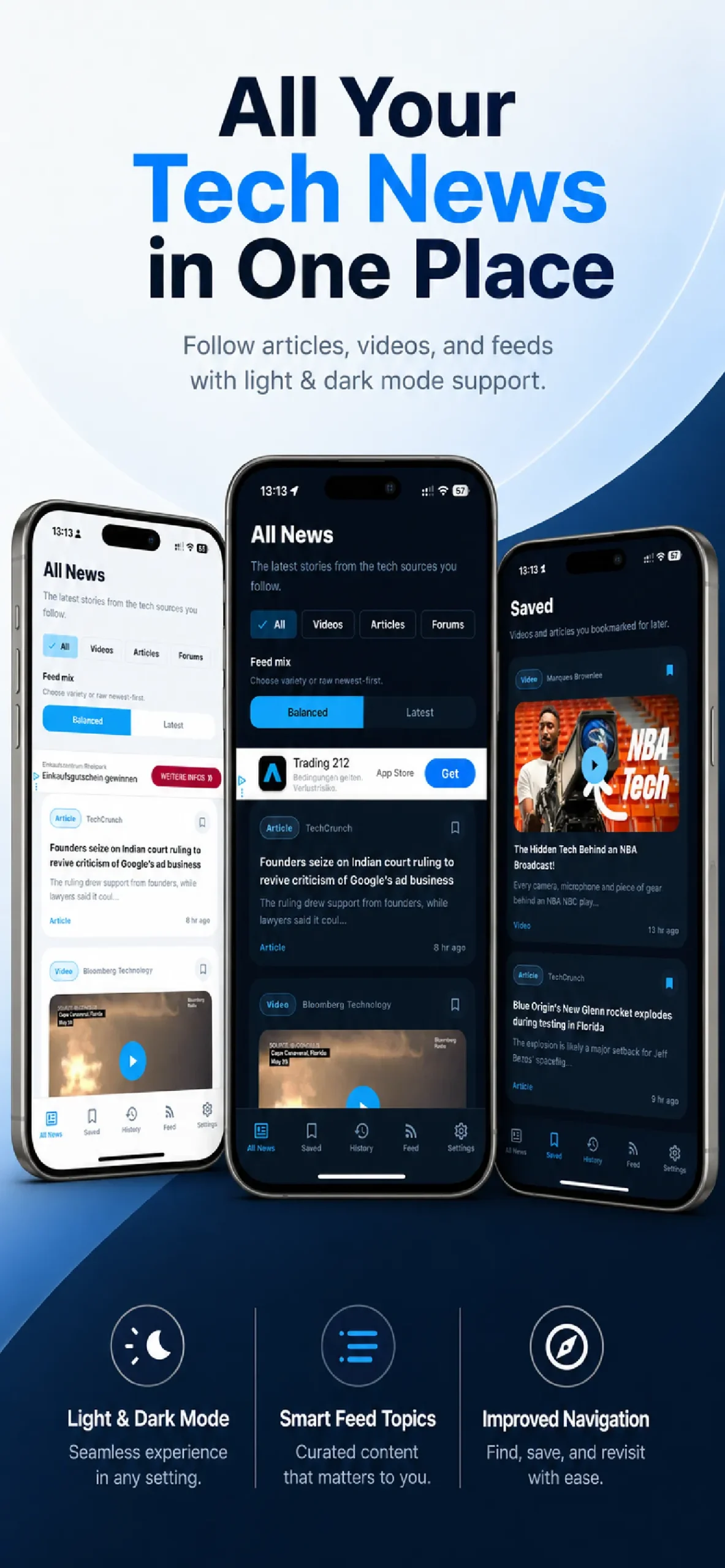 Tech-Feed App Store artwork showing three iPhones with light mode, dark mode and saved news views