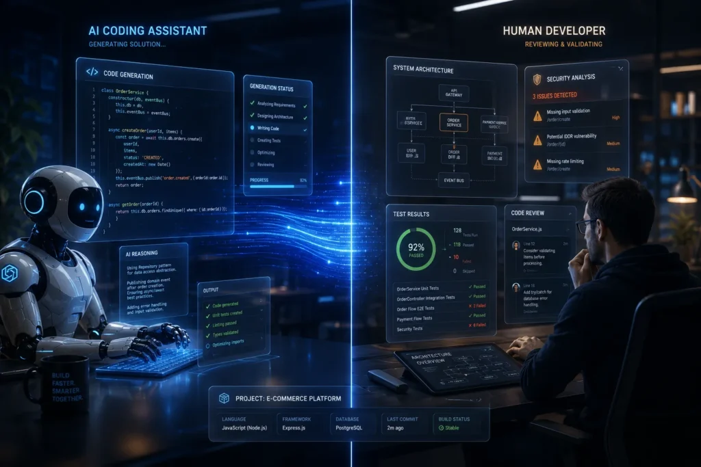 AI generates code while a developer reviews security and architecture