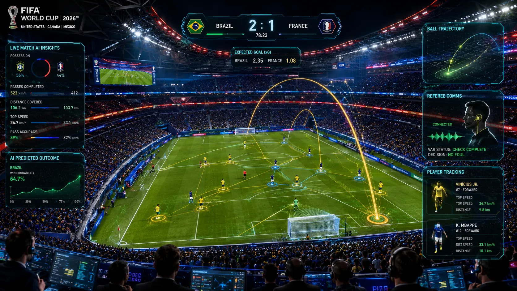 AI technology World Cup 2026 stadium with smart ball and referee data