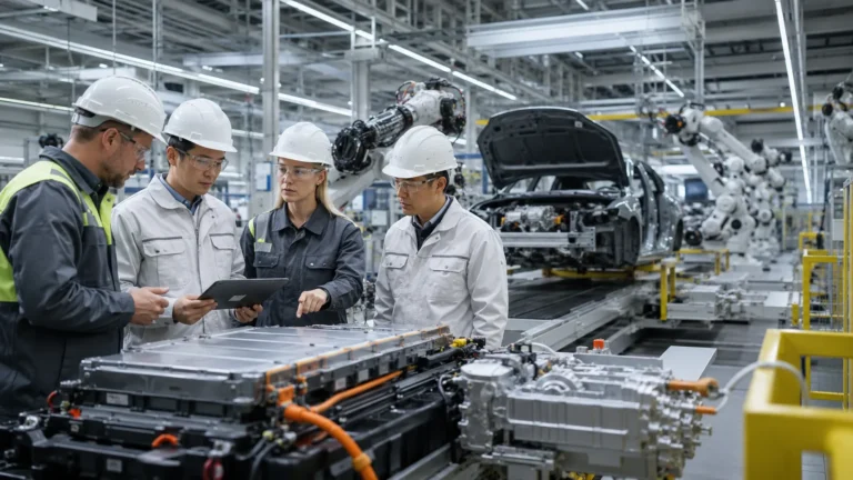 BYD electric vehicles being assembled at a modern car factory in Hungary