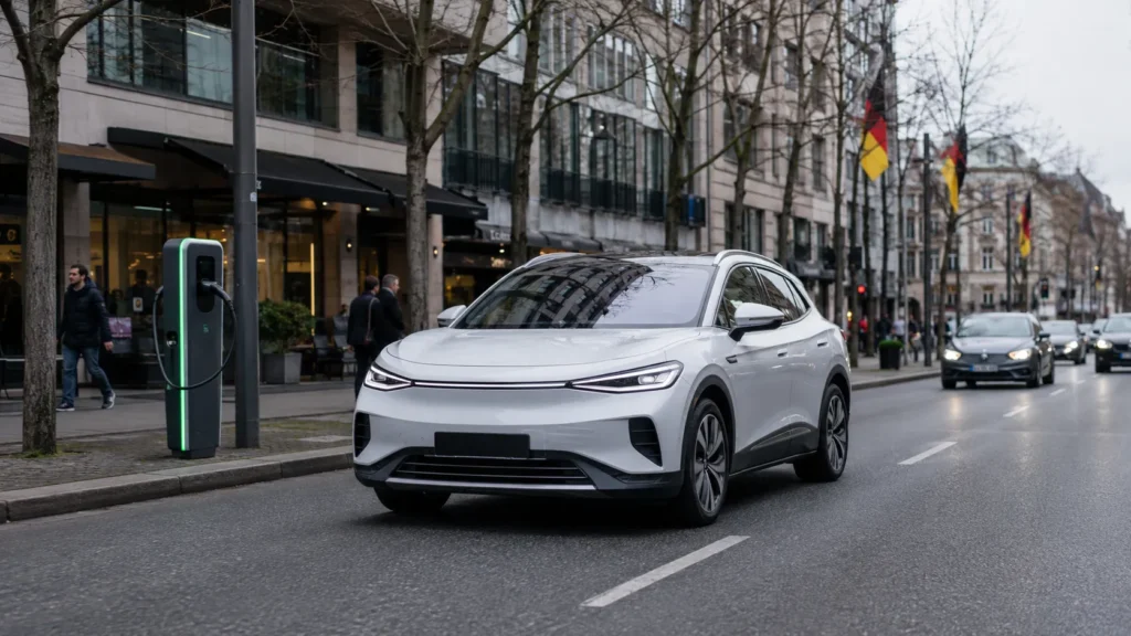 BYD electric vehicle driving through Germany as Chinese automakers gain market share in Europe