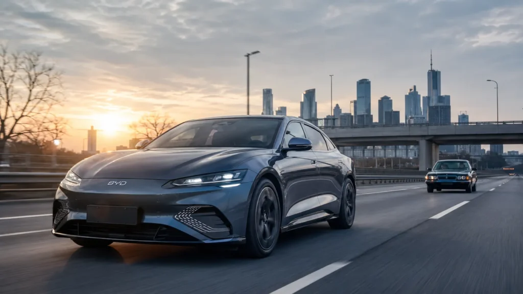BYD electric car on a German road as the Chinese automaker overtakes Ford in global vehicle sales