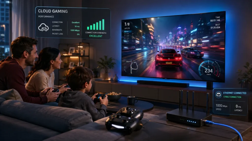 Family cloud gaming setup on Android TV with controllers and stable internet
