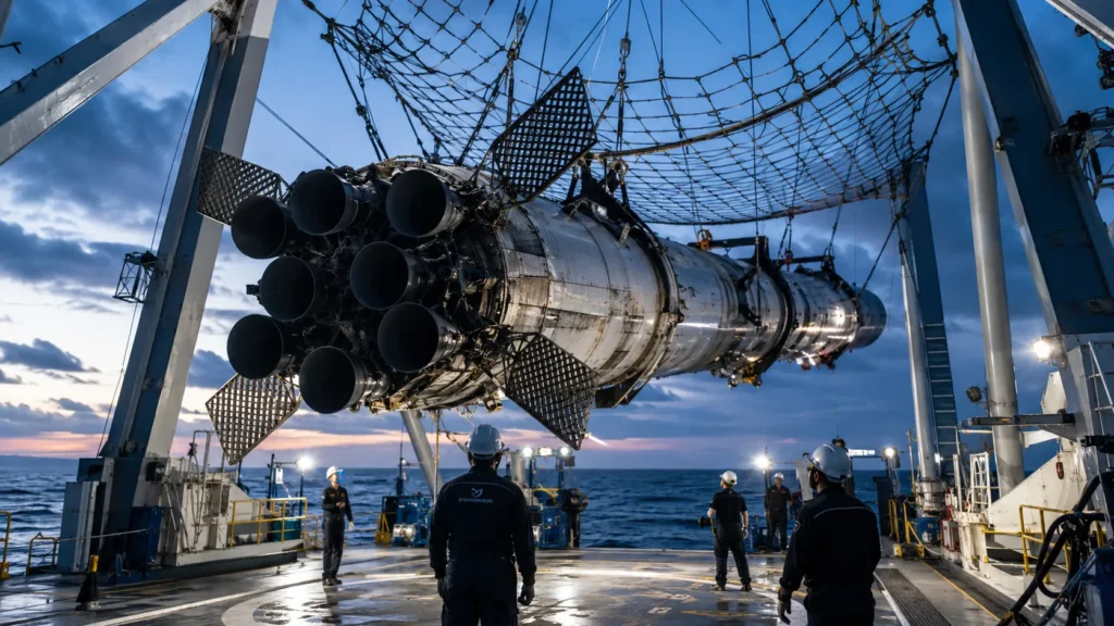Technicians inspecting the recovered Long March 10B booster aboard the recovery vessel