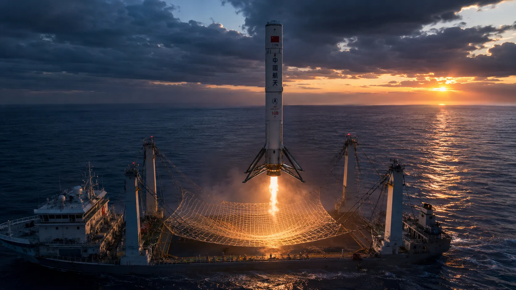 Long March 10B booster descending into a net on a recovery ship in the South China Sea