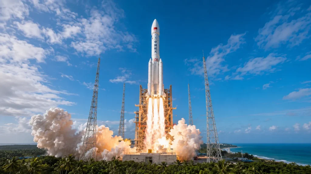 Long March 10B rocket launching from the coastal Wenchang launch site in Hainan