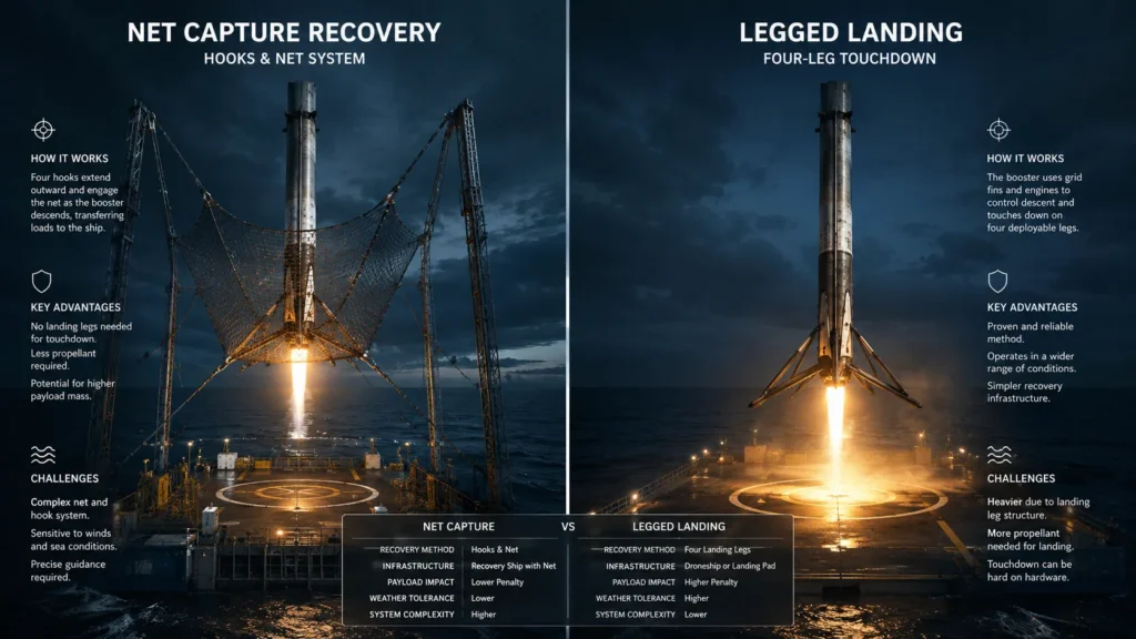 Comparison of net-capture rocket recovery and a conventional landing-leg touchdown