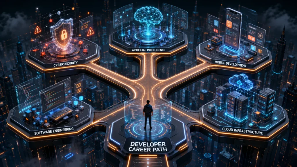 Developer career paths in AI, cybersecurity, cloud, and software engineering