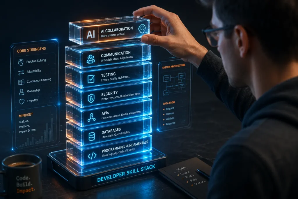 Modern developer skill stack with coding, testing, security, and AI
