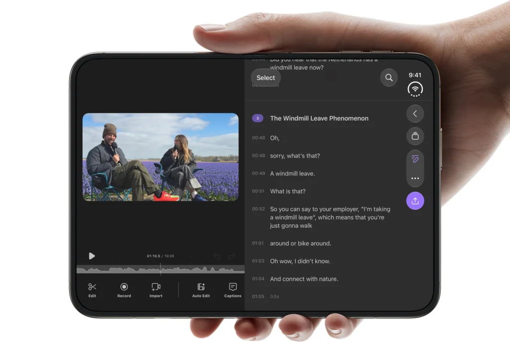 iPhone Duo open in landscape with video editing and transcript tools side by side