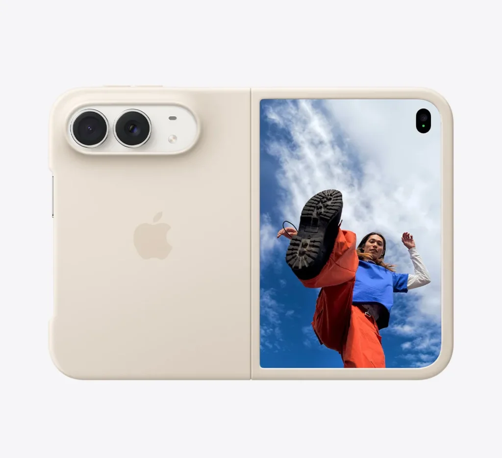 White iPhone Duo showing its rear cameras and outer display in the folded position