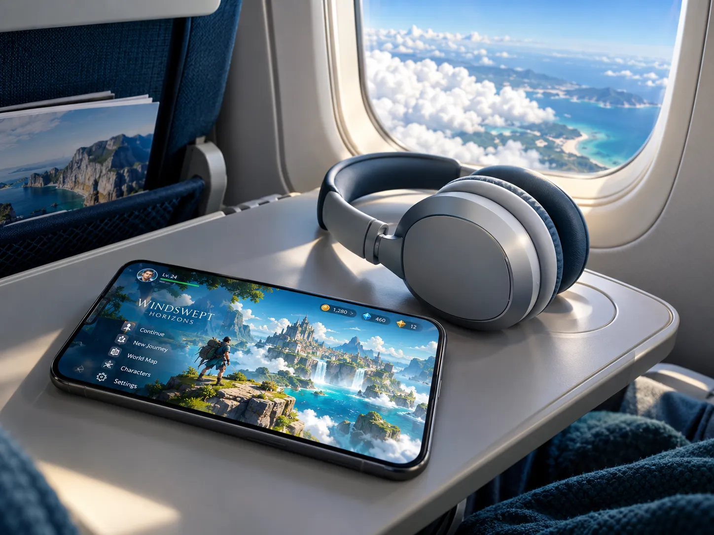Best offline games for airplane trips shown on a smartphone during a flight