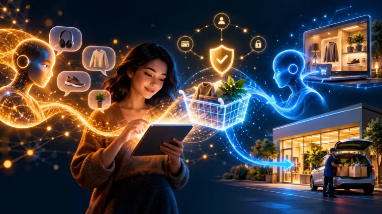 Conceptual illustration of a shopper directing AI assistants toward an online basket and store pickup