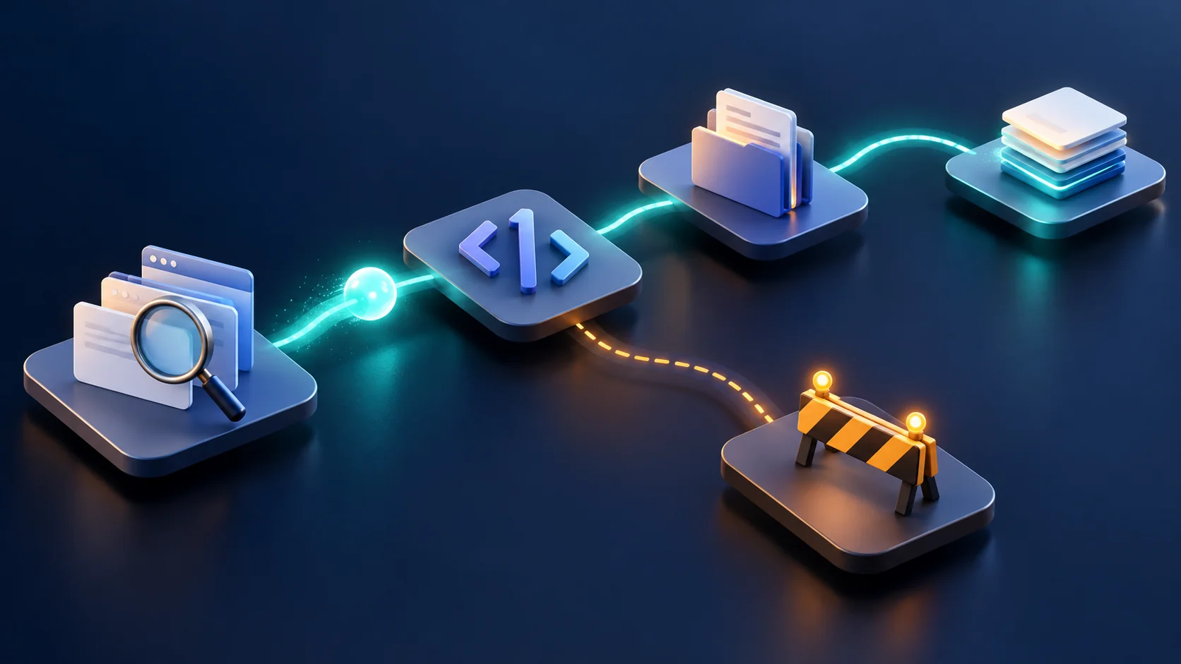 Connected research, coding and file task tiles with a branching route ending at a barrier