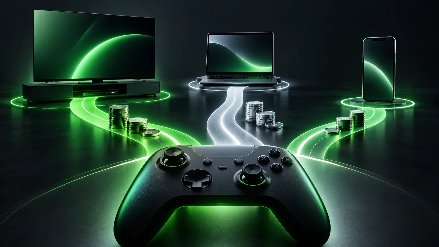 Concept illustration of a controller connected to a television, laptop and phone, with coin stacks representing gaming costs