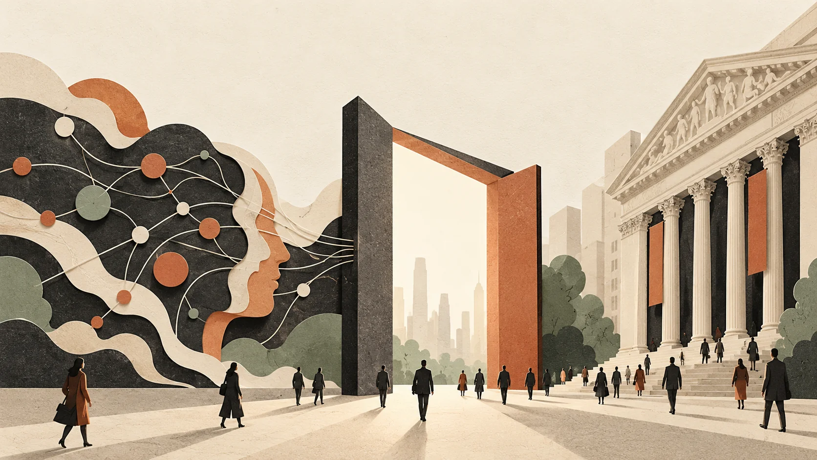 Conceptual Anthropic IPO illustration linking an AI network through an open doorway to a stock exchange