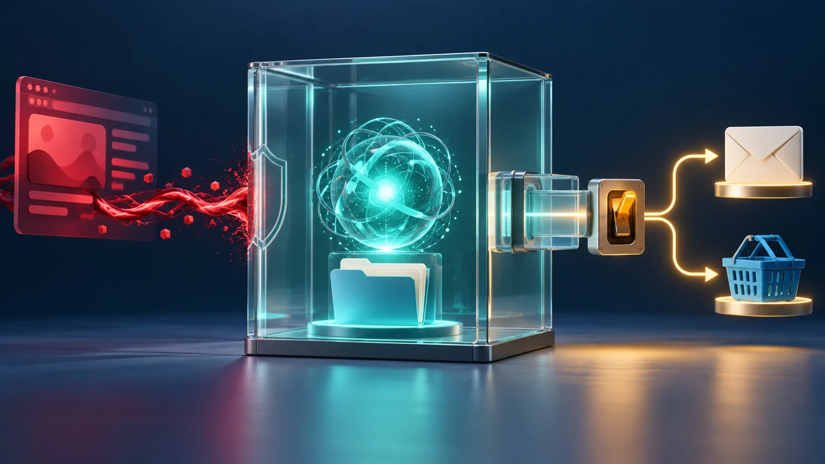 AI core and folder inside a glass enclosure with controlled access to email and shopping tools